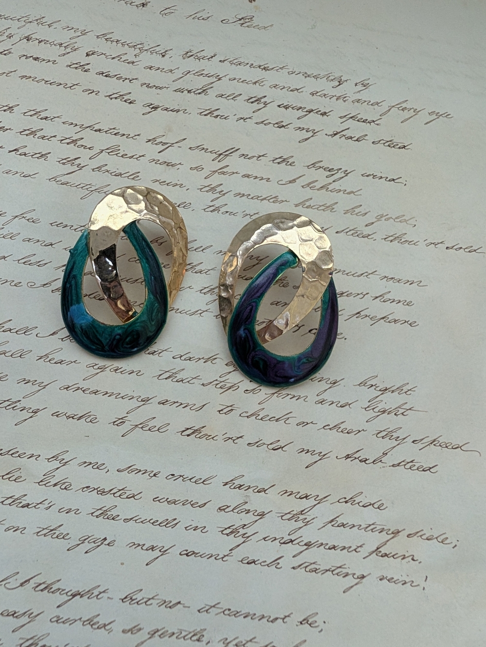 Gold-Tone Hammered Earrings with Teal & Purple Enamel